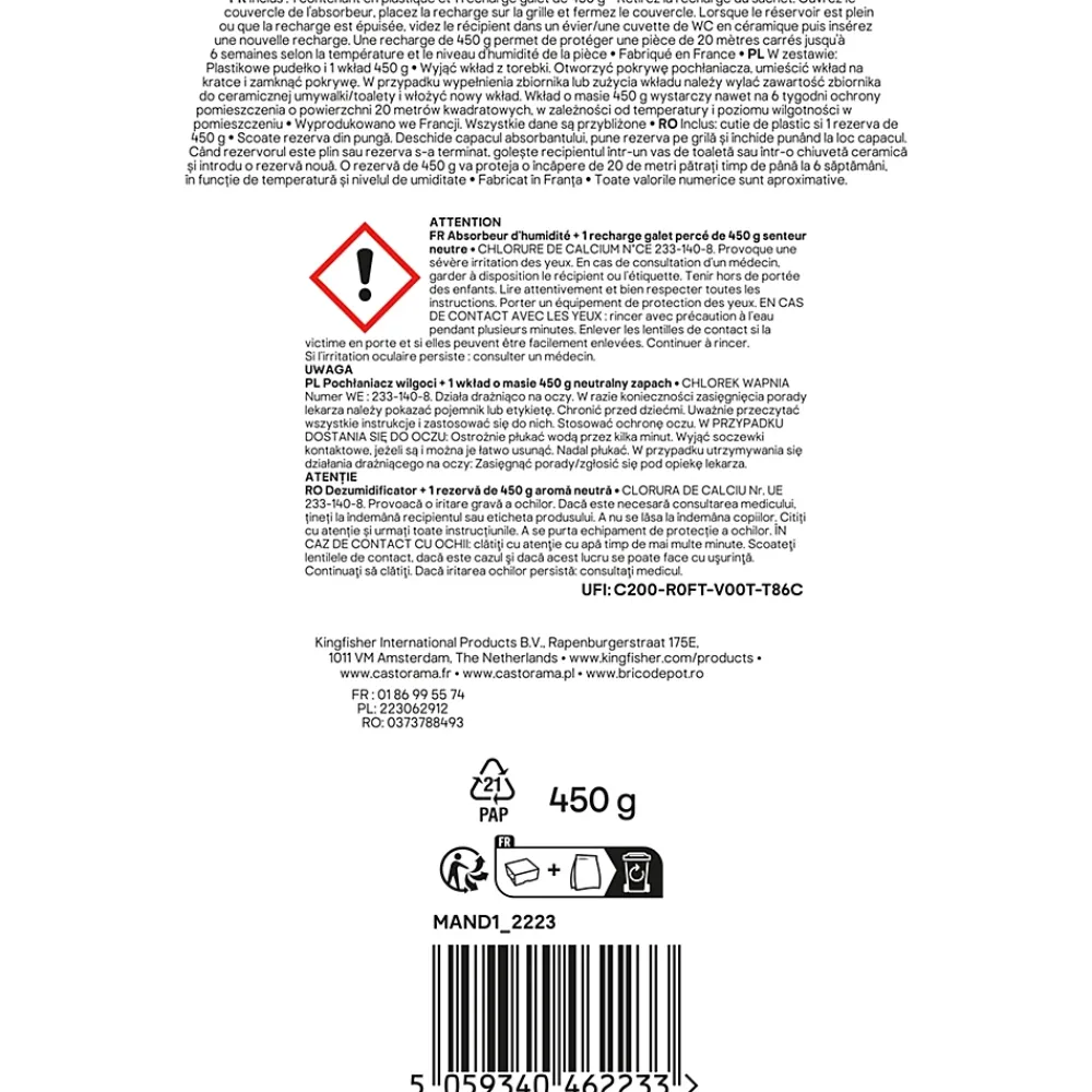 GoodHome Absorbeur d'humidité m² + 1 recharge galet 450g