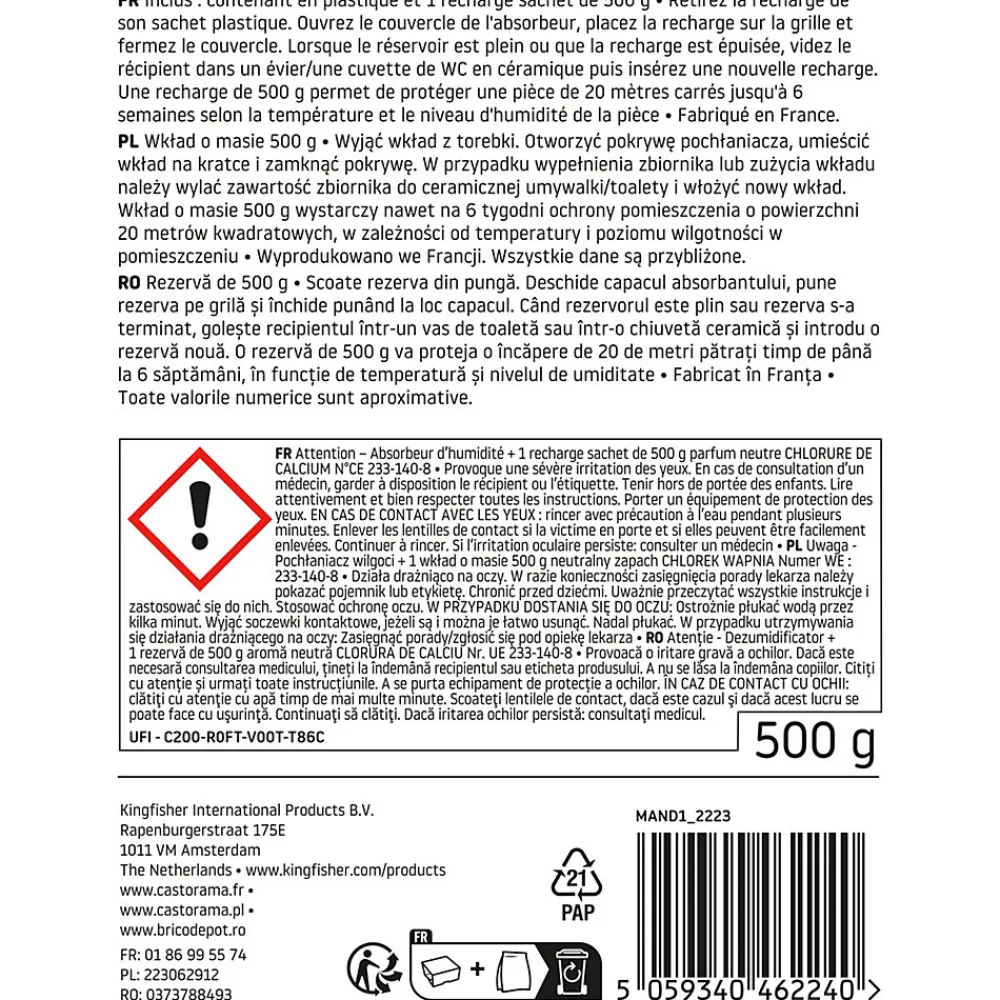 Absorbeur d'humidité 20m² + 1 recharge sachet 500g