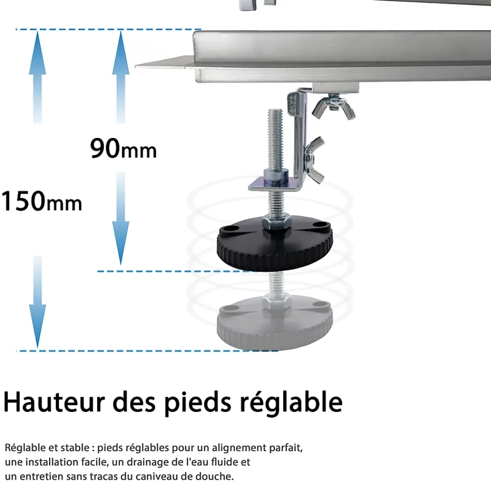 AICA Sanitaire AICA caniveau de douche en acier inoxydable italien 2 en 1, réglable en hauteur avec désodorisant - 130 cm