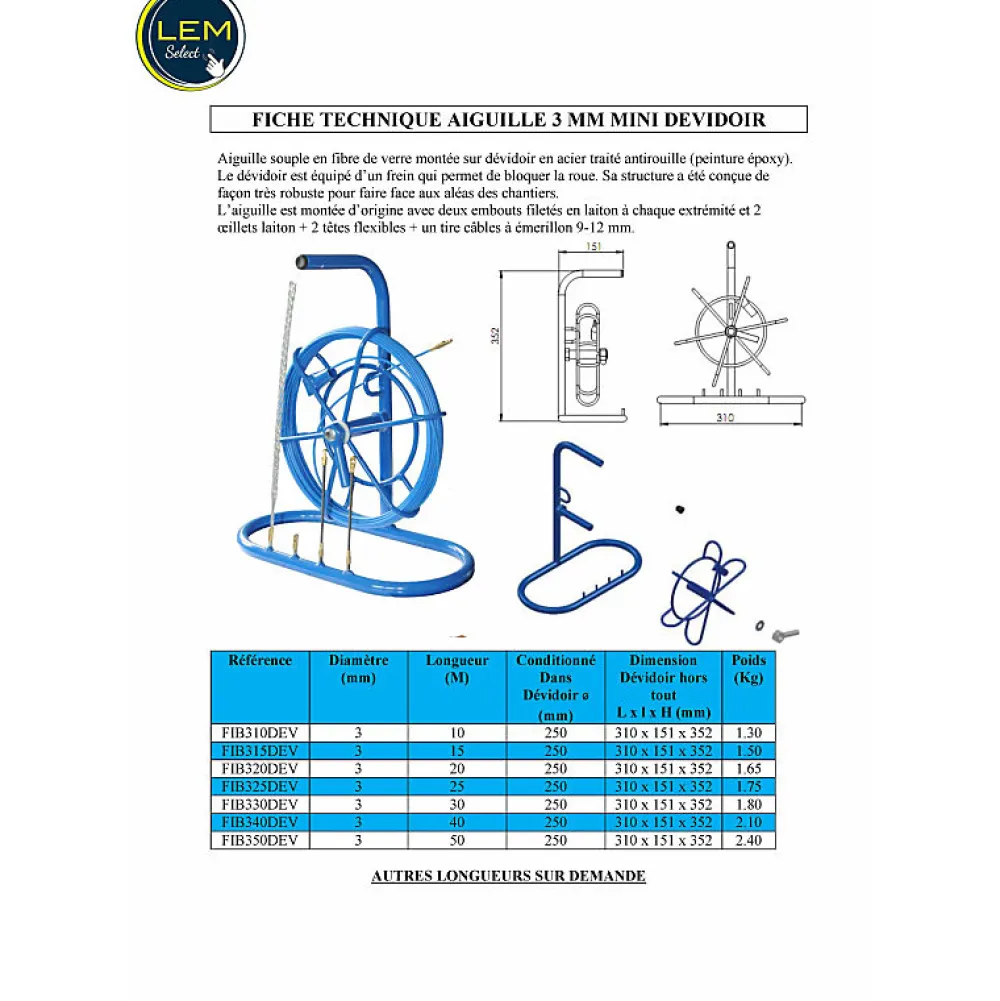 Lem Select Tire-Fil-Aiguille tire-fil 3 mm L 50 M sur mini dévidoir (avec accessoires) tirage fibre Optique et électricien