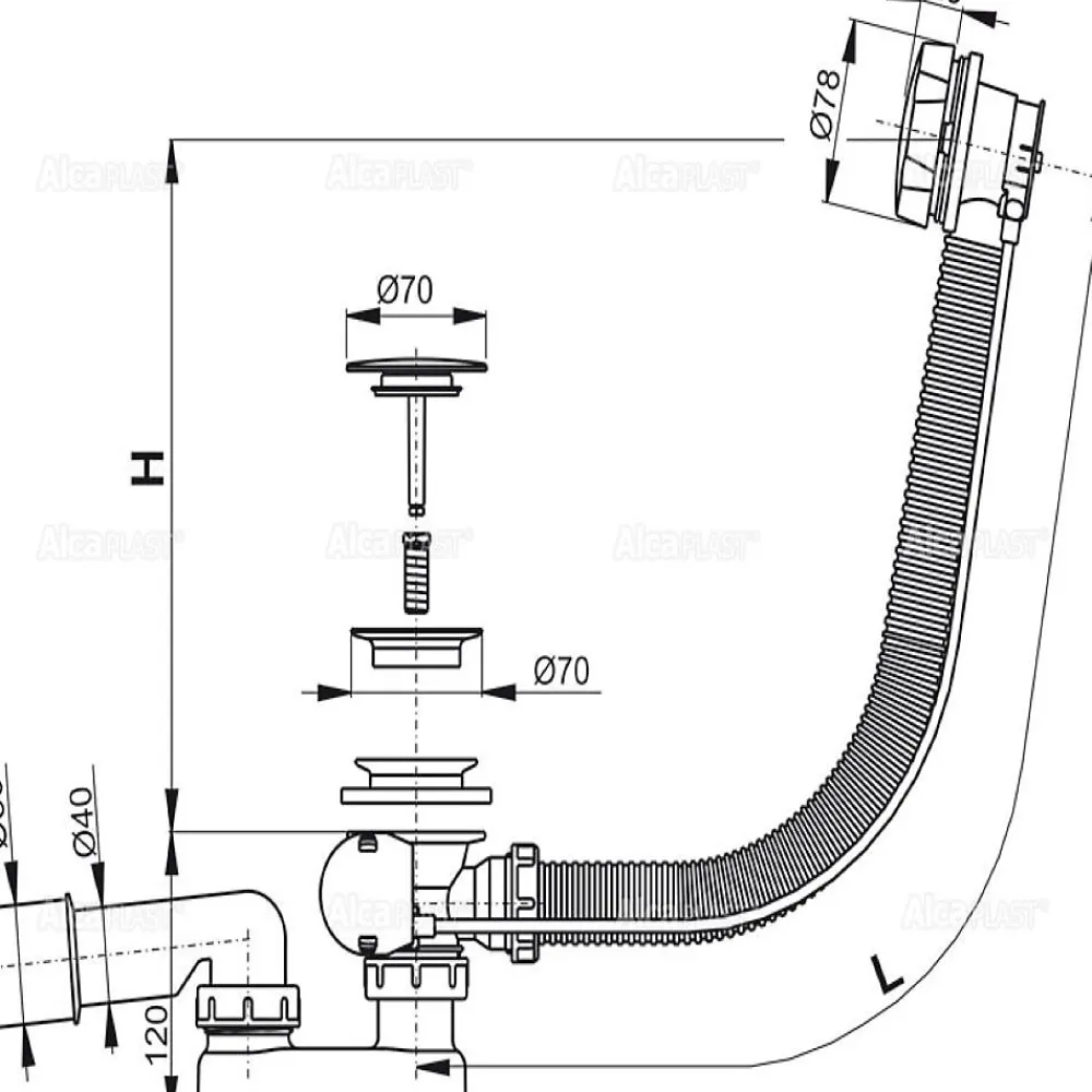 Alcadrain Evacuation De Baignoire-Alca Siphon pour baignoire en métal et plastique (A55KM)