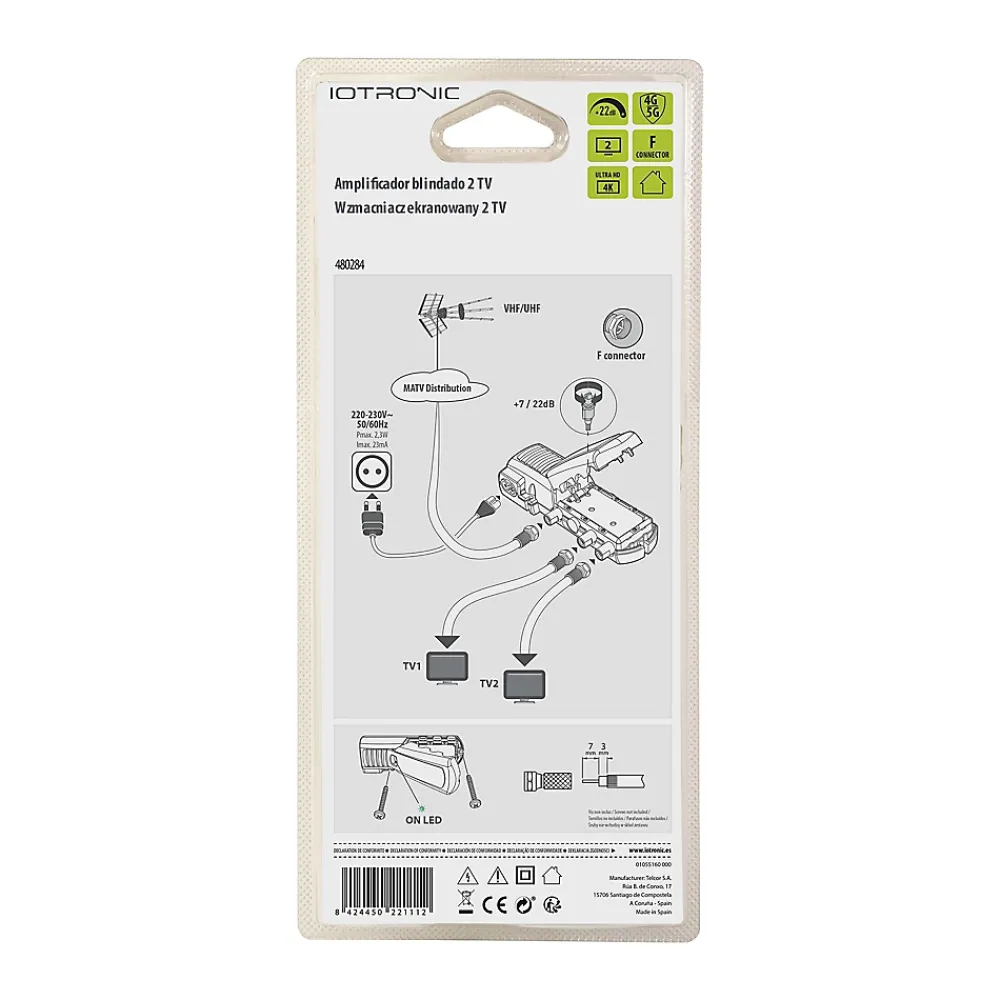 Amplificateur TV 22dB 2 TV 4G/5G, connexion F, gain réglable