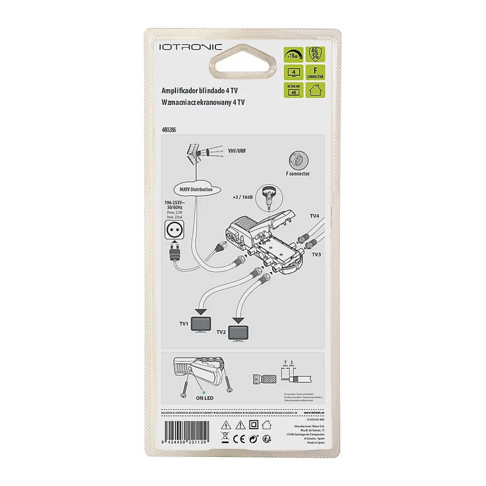 Amplificateur TV 18dB 4 TV 4G/5G, connexion F, gain réglable