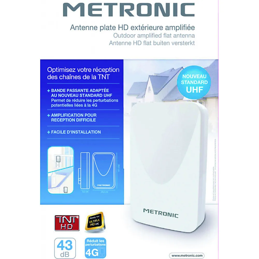Metronic Antenne d'extérieur plate HD amplifiée 43 dB compatible 4K - blanche