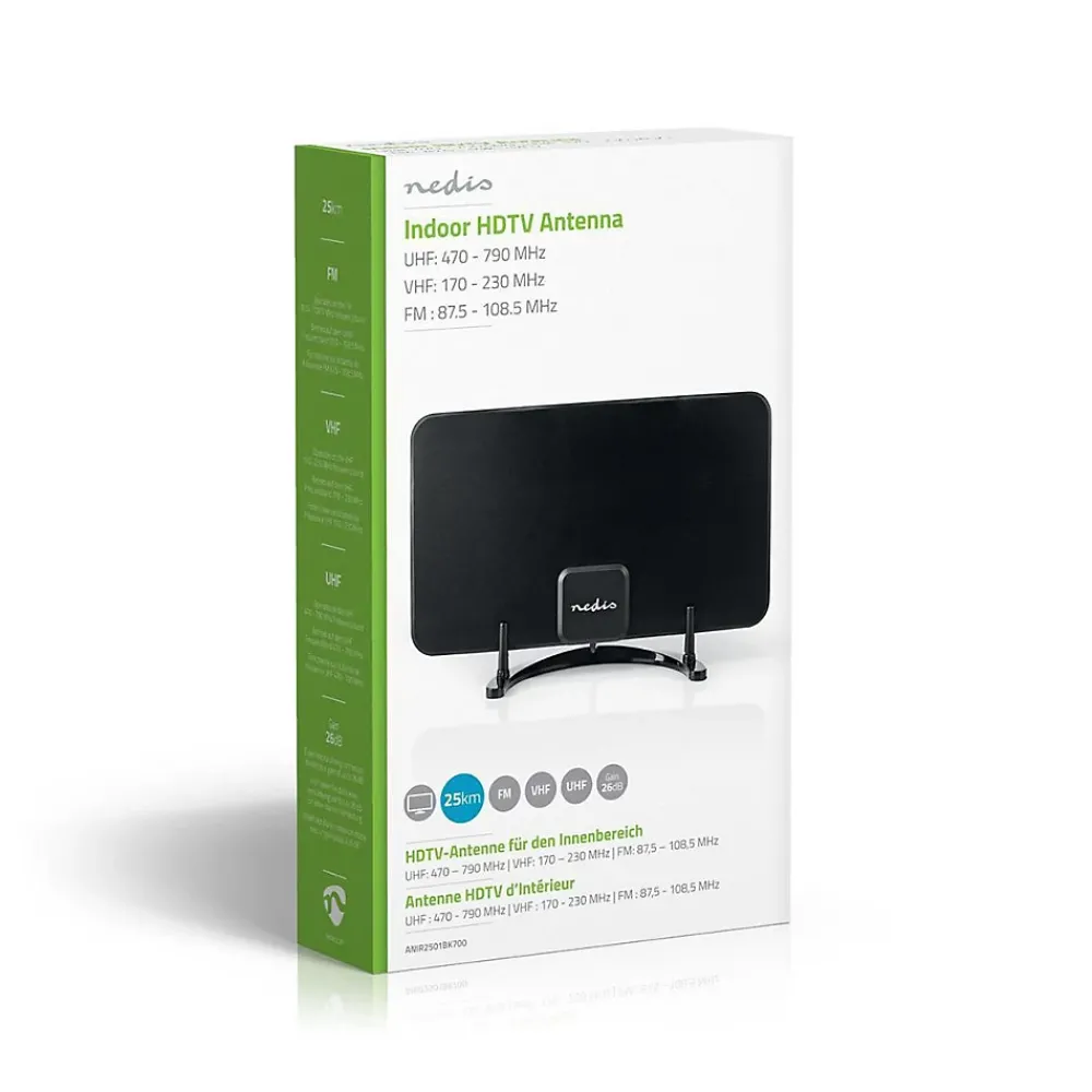 Nedis Antenne HDTV d'Intérieur 0 - 25 km Gain de 26 dB FMVHFUHF Noire