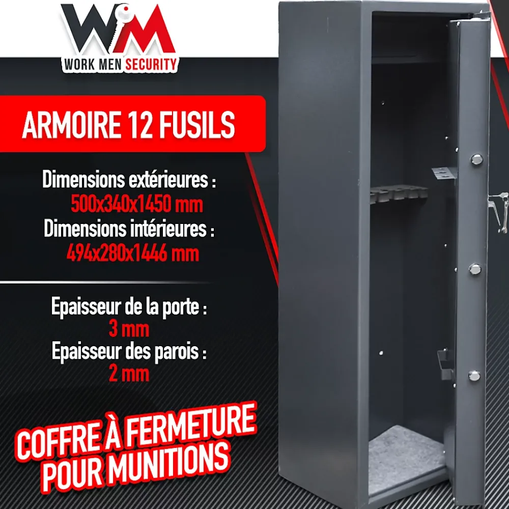 Work Men Armoire À Fusils-Armoire à fusils 500X340X1450mm avec coffre intérieur - 12 fusils - Workmen Security