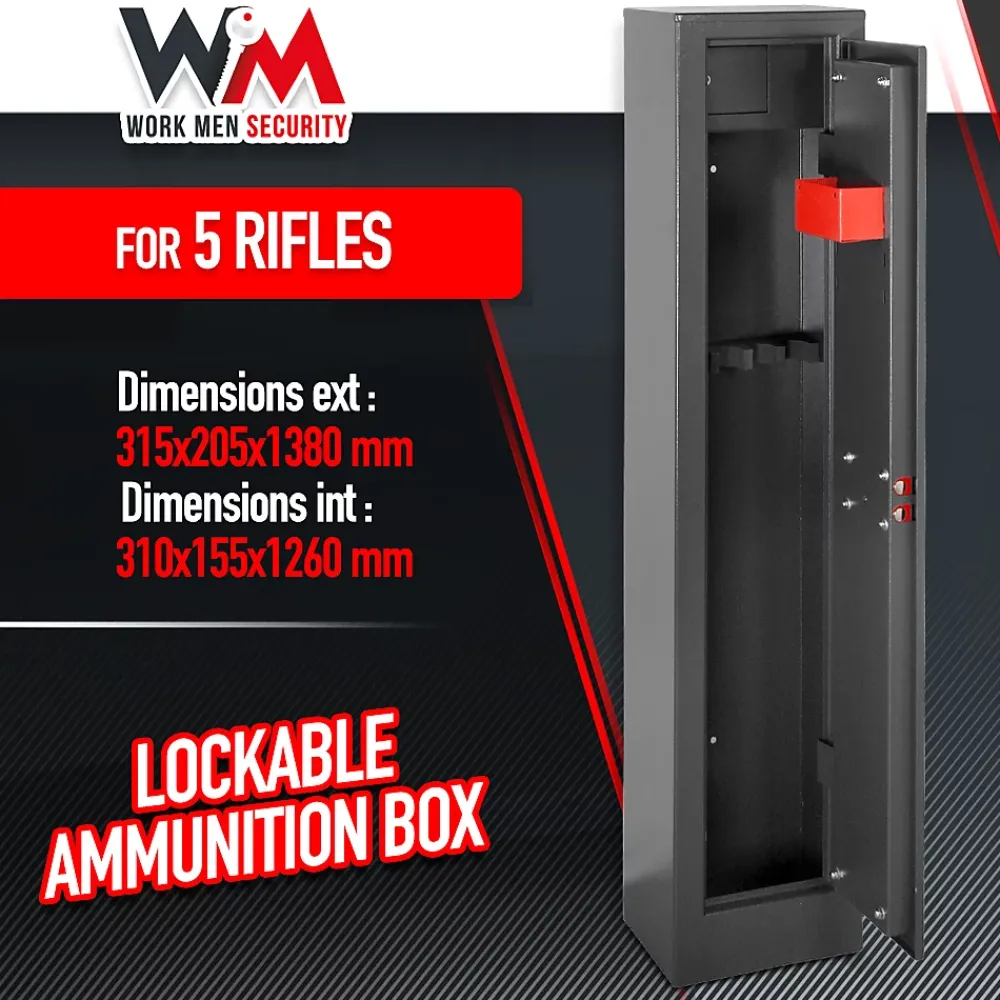 Work Men Armoire À Fusils-Armoire à fusils 315X205X1380mm avec coffre intérieur - 5 fusils - Workmen Security