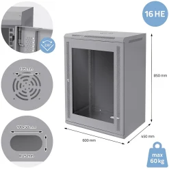 ECD Germany Câble Et Connectique Réseau-Armoire serveur 19" boîtier réseau murale gris en acier rack 16U 600x450x850 mm