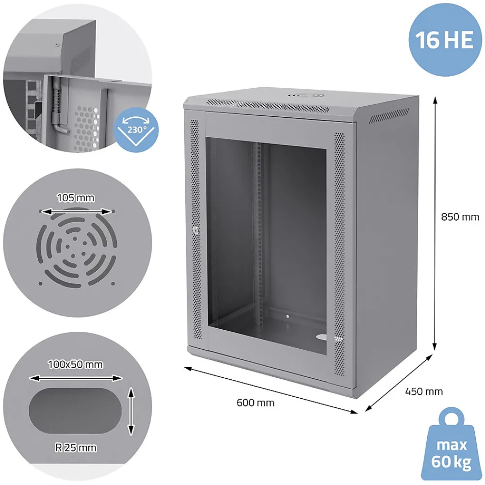 ECD Germany Câble Et Connectique Réseau-Armoire serveur 19" boîtier réseau murale gris en acier rack 16U 600x450x850 mm