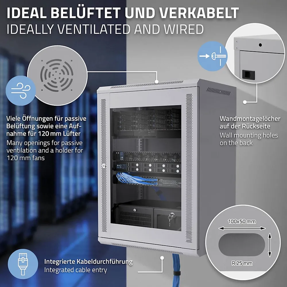 ECD Germany Câble Et Connectique Réseau-Armoire serveur 19" boîtier réseau murale gris en acier rack 16U 600x450x850 mm