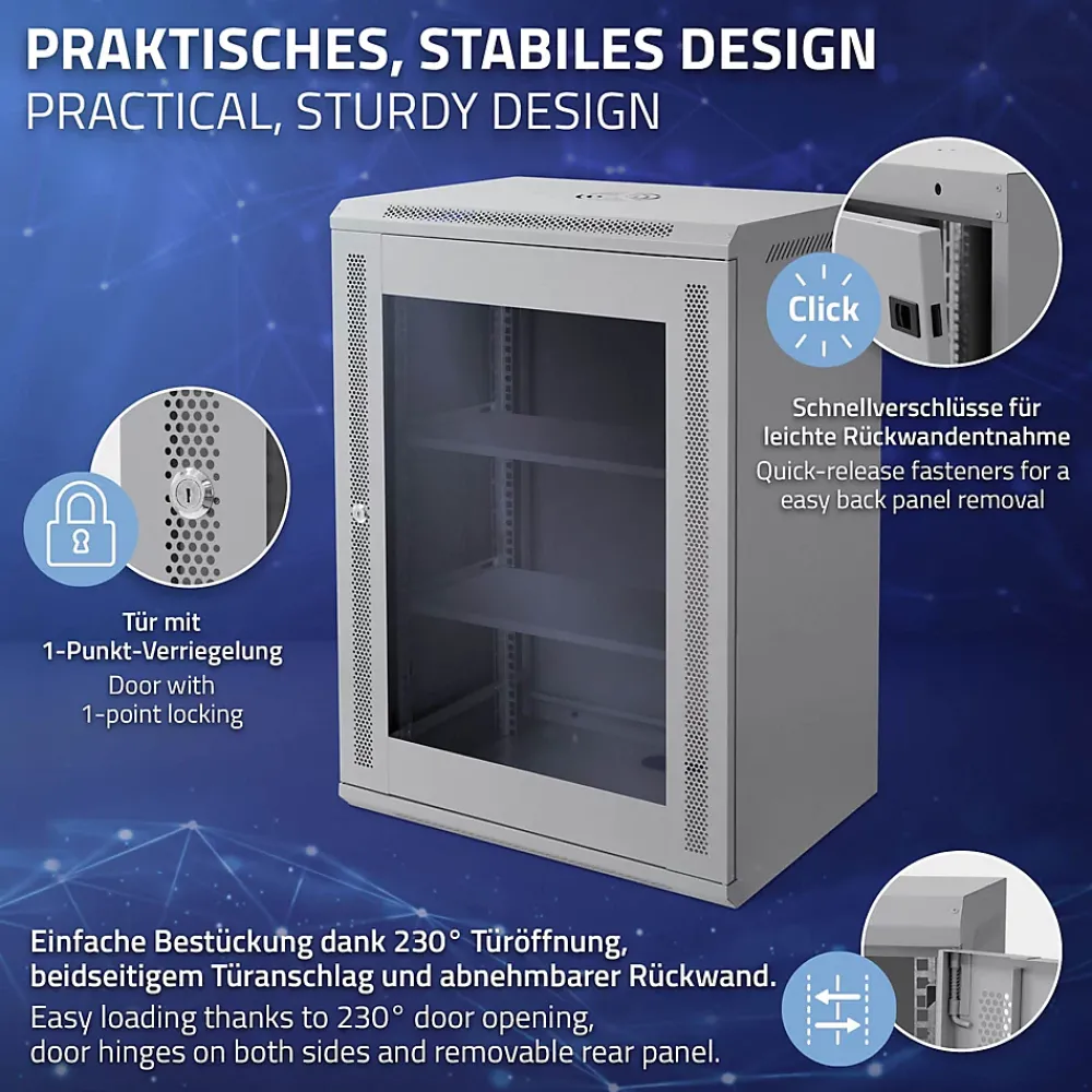 ECD Germany Câble Et Connectique Réseau-Armoire serveur 19" boîtier réseau murale gris en acier rack 16U 600x450x850 mm