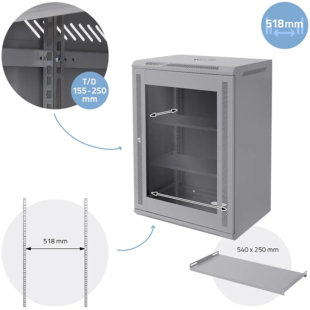 ECD Germany Câble Et Connectique Réseau-Armoire serveur 19" boîtier réseau murale gris en acier rack 16U 600x450x850 mm