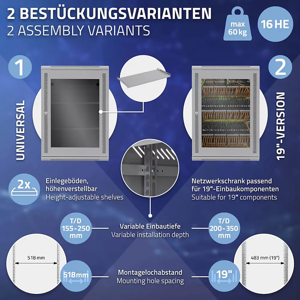 ECD Germany Câble Et Connectique Réseau-Armoire serveur 19" boîtier réseau murale gris en acier rack 16U 600x450x850 mm