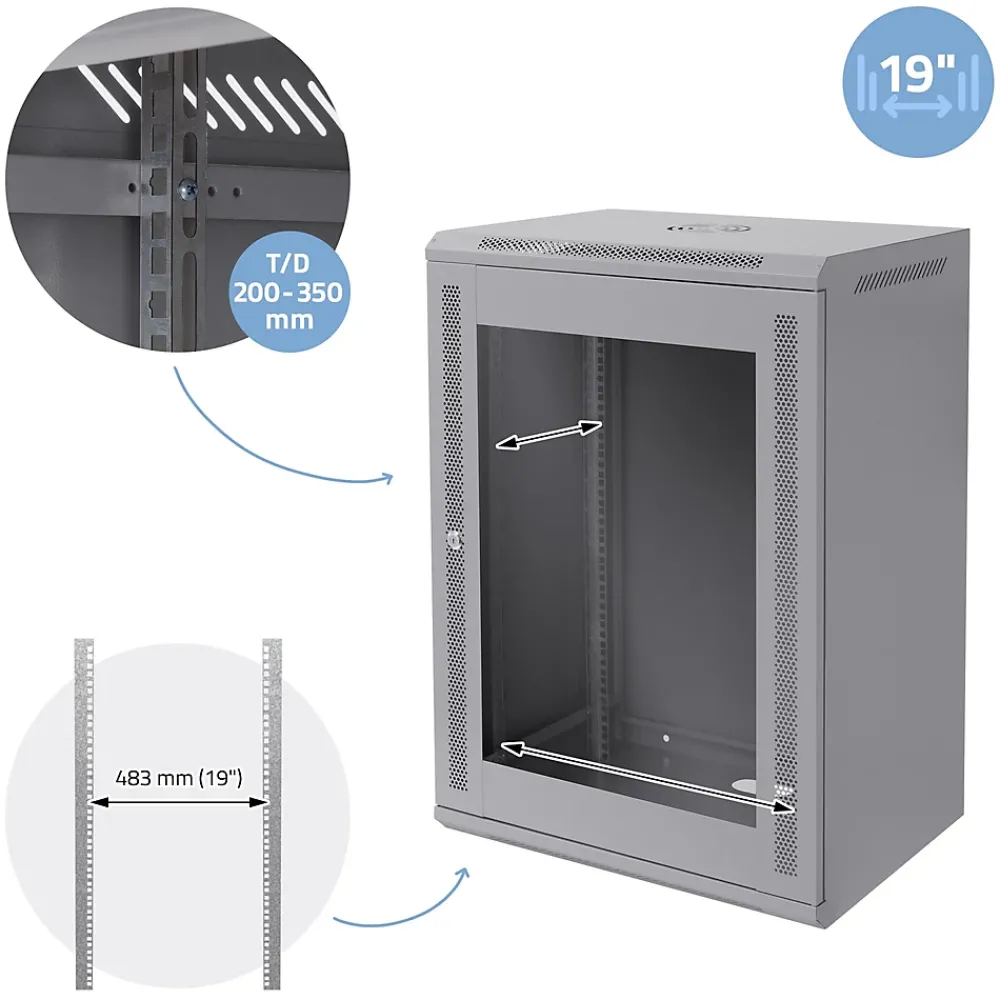 ECD Germany Câble Et Connectique Réseau-Armoire serveur 19" boîtier réseau murale gris en acier rack 16U 600x450x850 mm