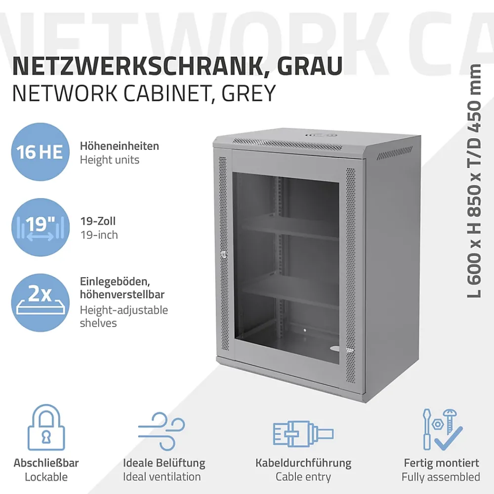 ECD Germany Câble Et Connectique Réseau-Armoire serveur 19" boîtier réseau murale gris en acier rack 16U 600x450x850 mm