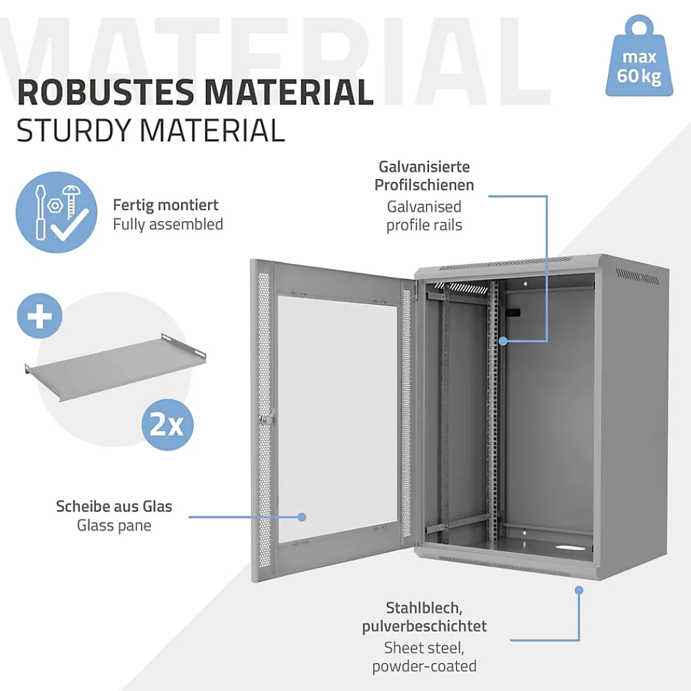 ECD Germany Câble Et Connectique Réseau-Armoire serveur 19" boîtier réseau murale gris en acier rack 16U 600x450x850 mm