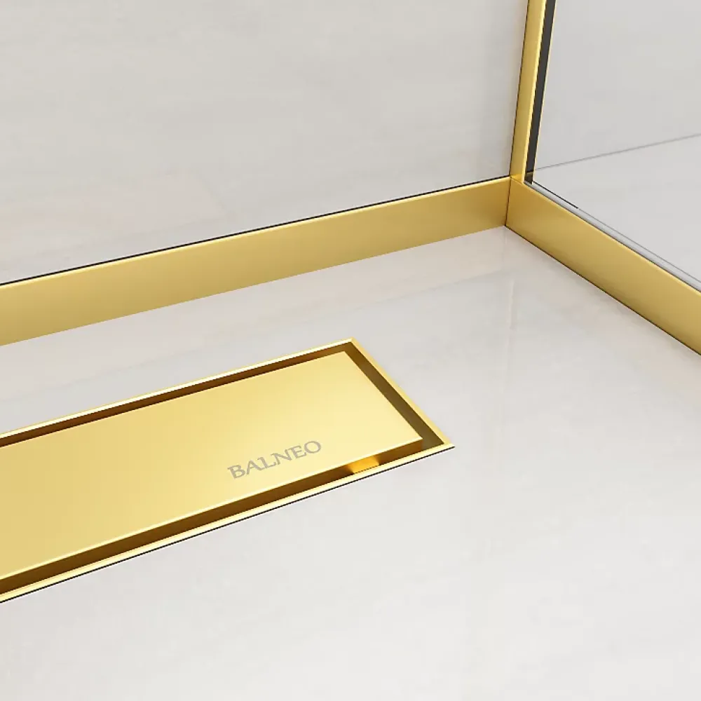 Balneo Profilé-Profilé de douche frontale, au sol 130 cm, acier inoxydable, finition gold, Pente de 1,5%