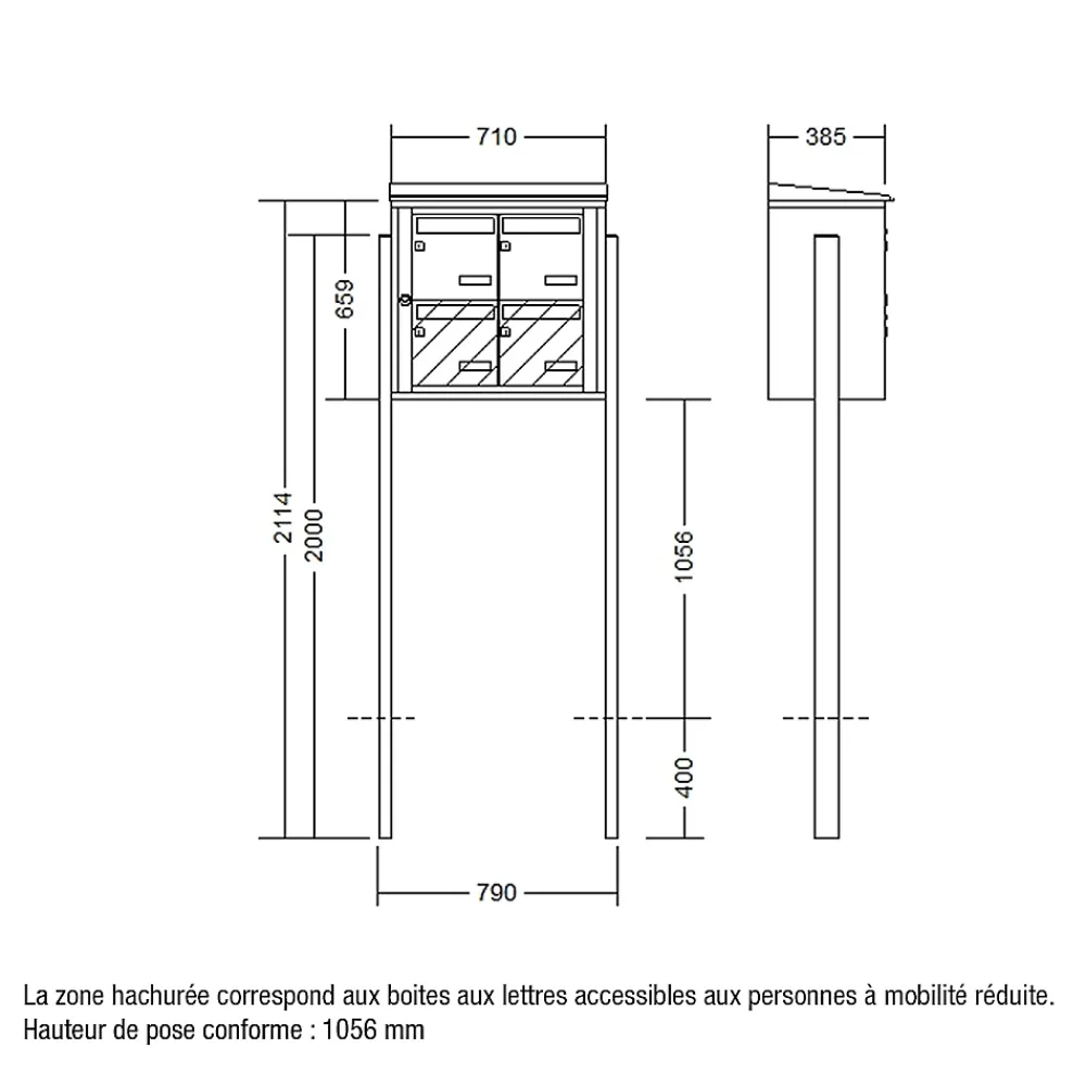 Leabox.com Bloc collectif , 2x2, grade 3, simple face, Extérieur, fixation sur pieds à sceller, Vert mousse RAL 6005 brillant