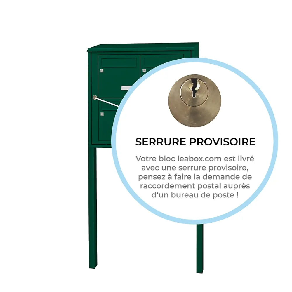 Leabox.com Bloc collectif , 2x2, grade 3, simple face, Extérieur, fixation sur pieds à sceller, Vert mousse RAL 6005 brillant