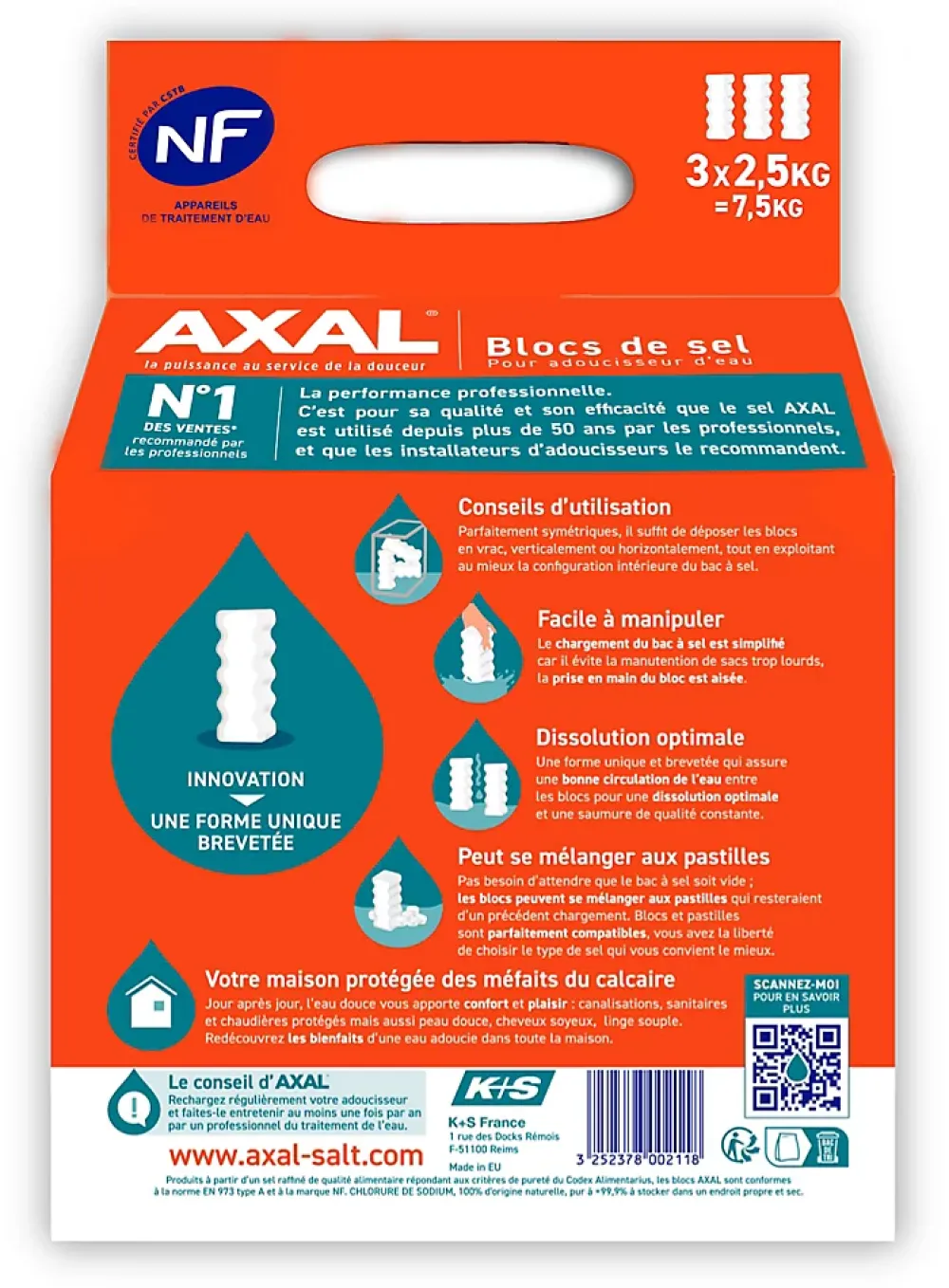 Axal Station De Filtration|Adoucisseur D'Eau-Blocs de sel pour adoucisseur d'eau, lot de 3 x 2.5 kg