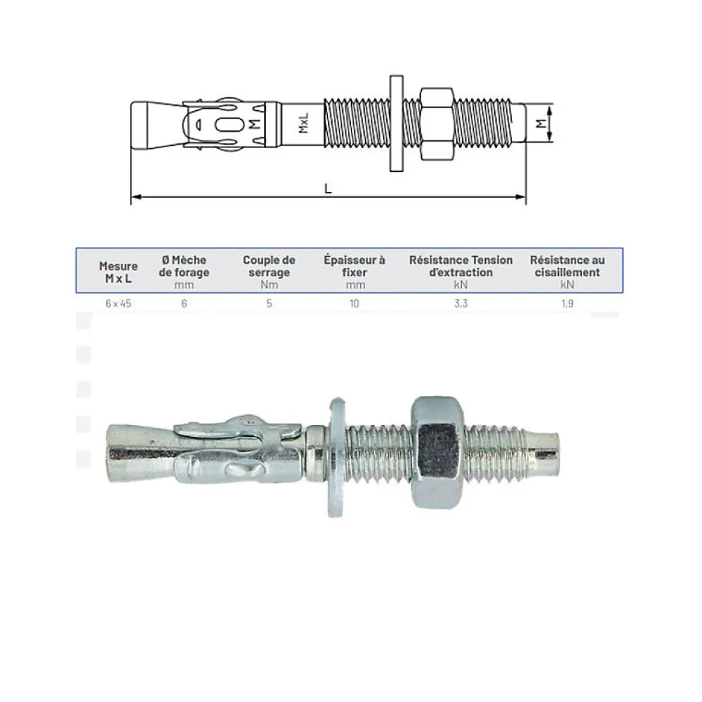 Lem Select Boite de 200 Goujons d'ancrage métallique M.6x45mm