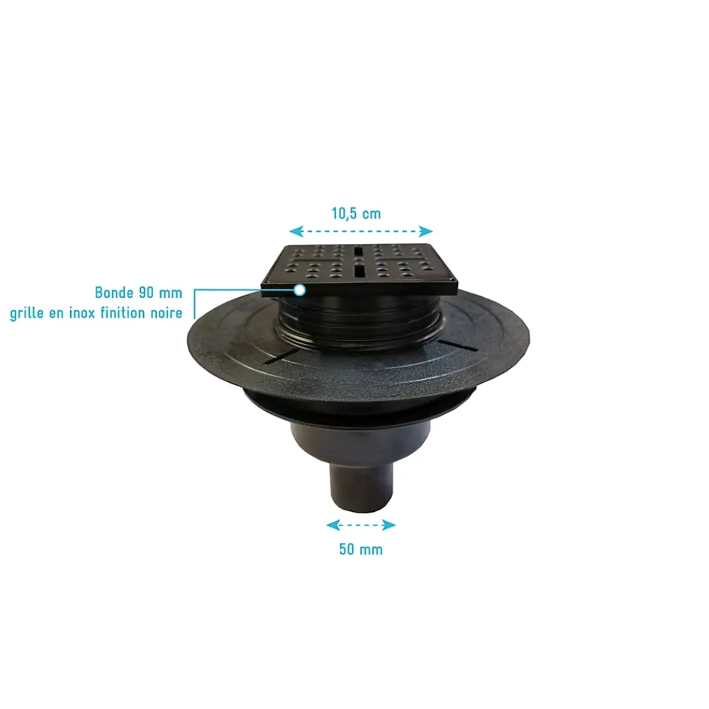 Galedo Evacuation De Douche|Bonde Pour Douche-Bonde carrée pour receveur de douche, 105mm, sortie verticale Ø50mm, noir, Showerplate