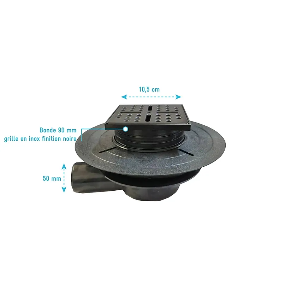 Galedo Evacuation De Douche|Bonde Pour Douche-Bonde carrée pour receveur de douche, 105mm, sortie horizontale Ø50mm, noir, Showerplate
