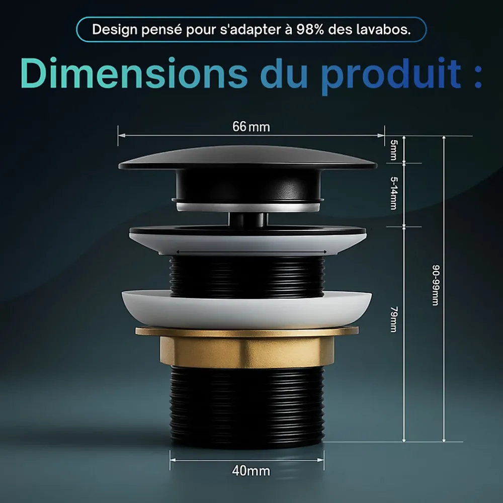 Dileci Evacuation De Lavabo-Vasque-Bonde clic-clac - Push System - Coloris Noir mat