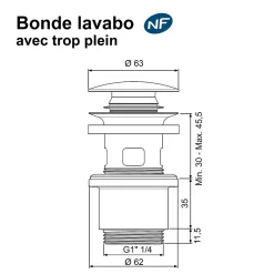 Rousseau Bonde de lavabo ø 63 mm avec clapet clic clac ou fixe effet or
