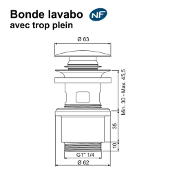 Rousseau Evacuation De Lavabo-Vasque-Bonde de lavabo ø 63 mm avec clapet clic clac ou fixe effet graphite mat noir