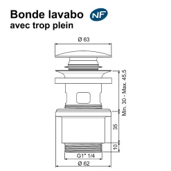 Rousseau Evacuation De Lavabo-Vasque-Bonde de lavabo ø 63 mm avec clapet clic clac blanc avec trop plein