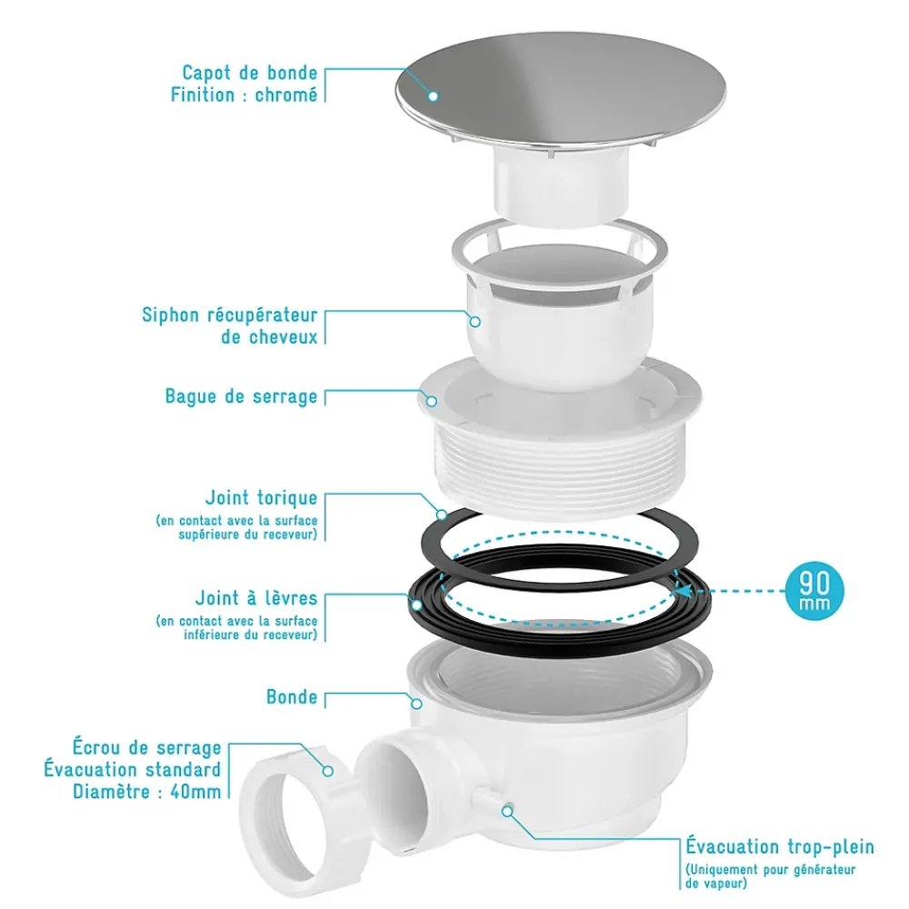 Galedo Evacuation De Douche|Bonde Pour Douche-Bonde pour receveur de douche Pure 2/Pedra, capot chrome,