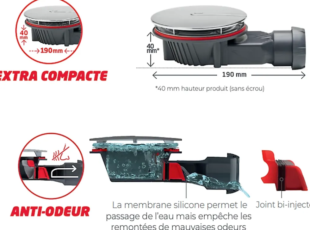 Wirquin Bonde siphon diam. 90 mm extraplate Slim+ à évacuation horizontale pour receveur de douche sortie en 40 mm