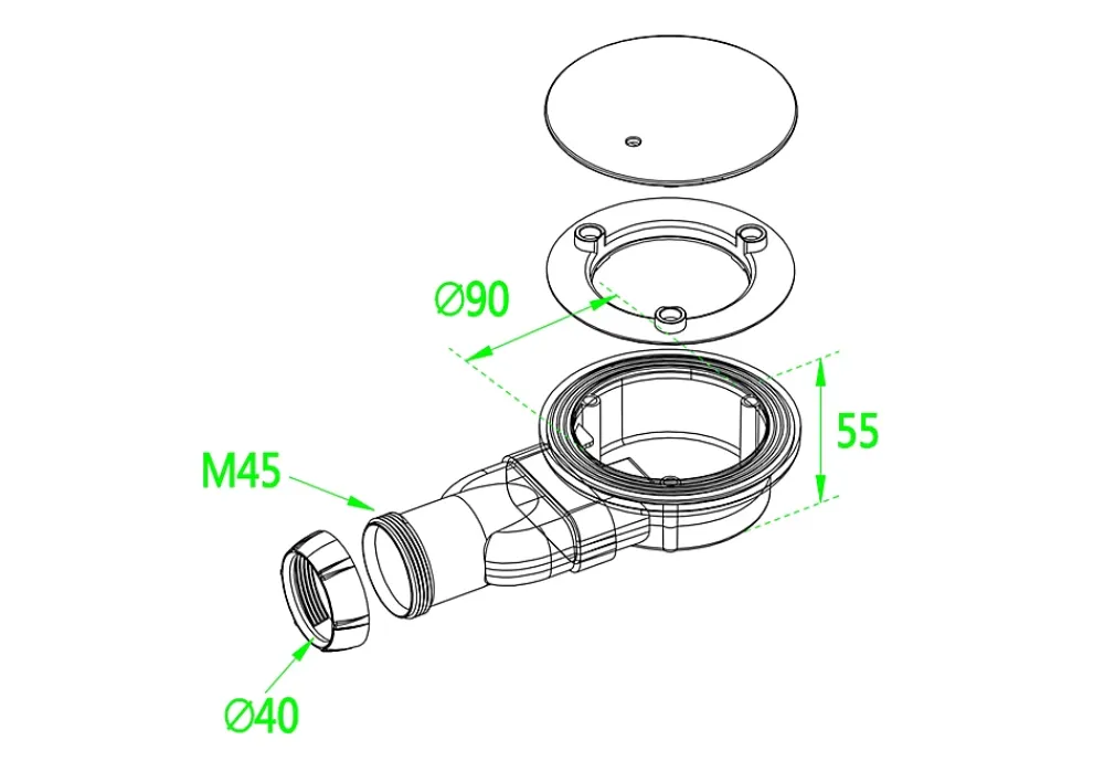 AICA Sanitaire Evacuation De Douche-Bonde Siphon extra-plat avec tuyau flexible - Diamètre 90 mm - Siphon de douche - Installation facile et gain de place
