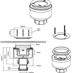 McAlpine Evacuation De Douche-Bonde siphon universelle diam. 90 mm à évacuation verticale pour receveur de douche, sortie en 40 mm ou 50 mm