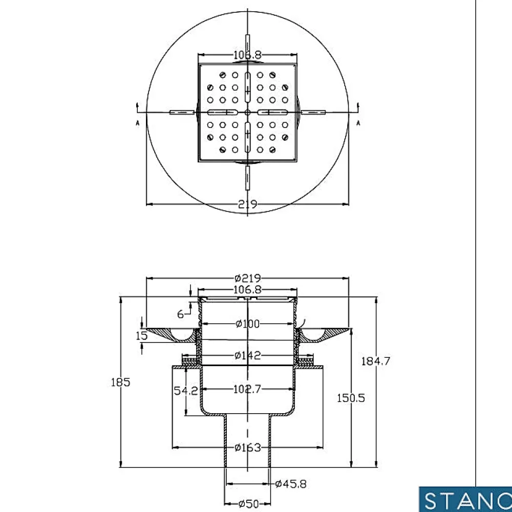 Stano Evacuation De Douche-Bonde verticale DINO pour receveurs à carreler avec grille en acier inoxydable
