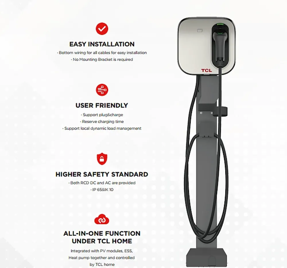TCL Borne Recharge Voiture Électrique-Borne de recharge intelligente 7kW Connectivité Wi-Fi Ethernet Type 2
