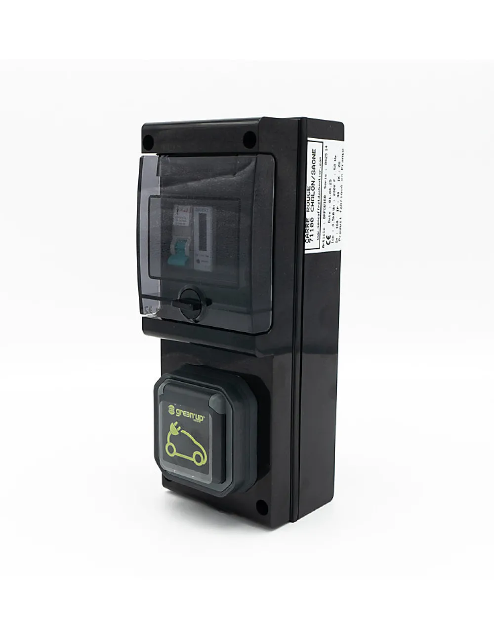 Carré Rouge Borne De Recharge équipée D'une Prise Green'up Complète Avec Protections Et Compteur
