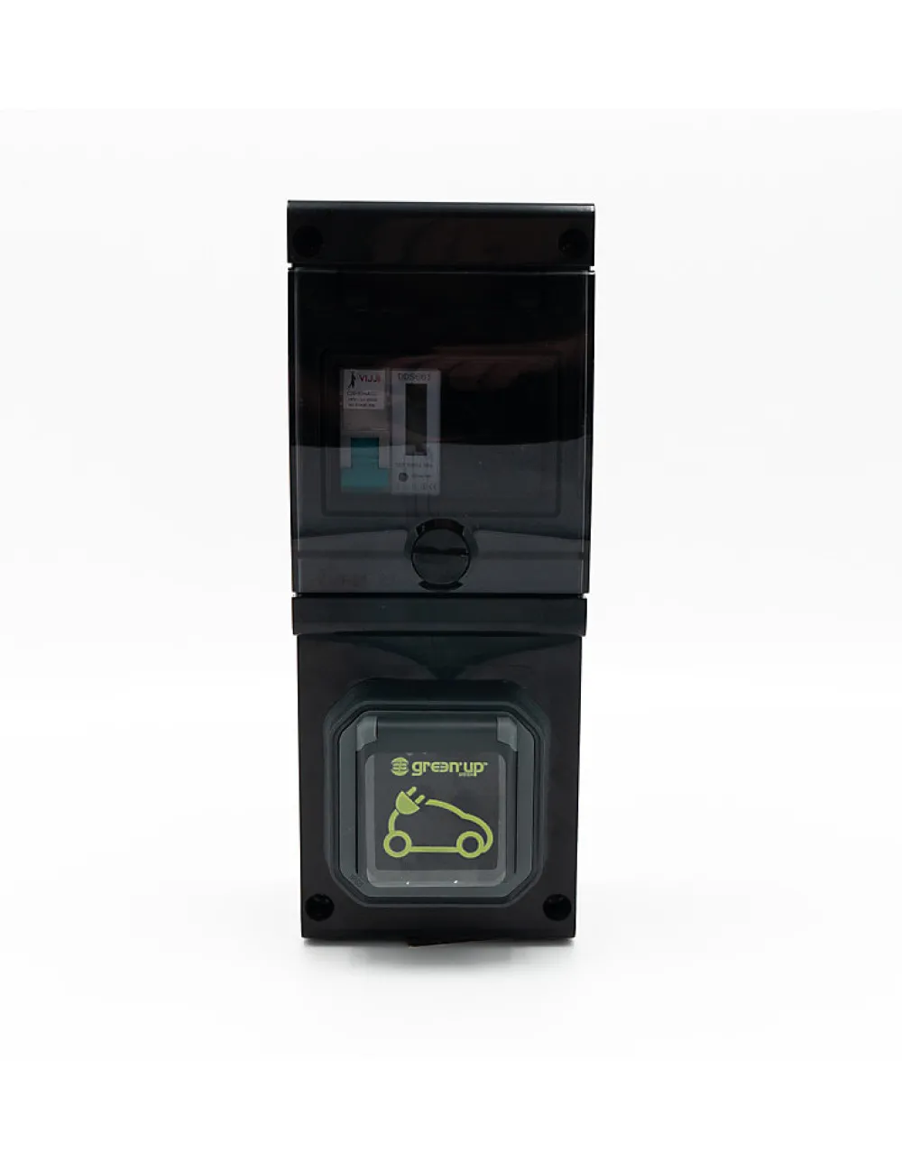 Carré Rouge Borne De Recharge équipée D'une Prise Green'up Complète Avec Protections Et Compteur