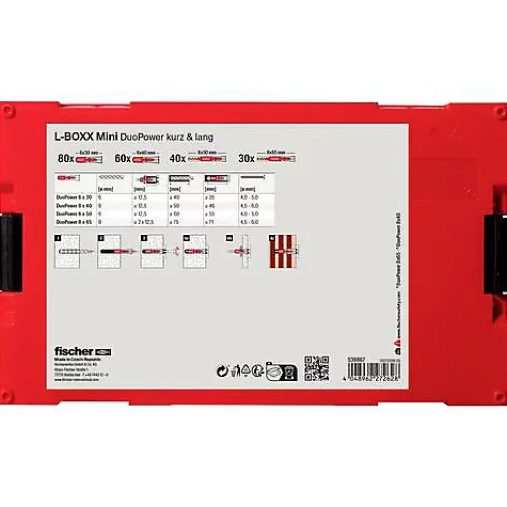 O91 Kit De Chevilles-Boîte assortiment chevilles Fischer DUOPOWER FIXtainer 539867 - 210 pcs (6x30, 6x50, 8x40, 8x65)