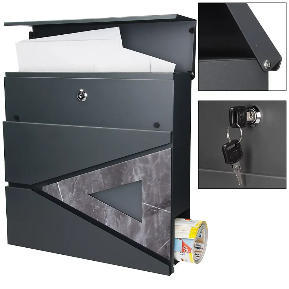 Ml-Design Boîte Aux Lettres 1 Porte-Boîte aux lettres anthracite / triangle noir aspect marbre avec support argenté