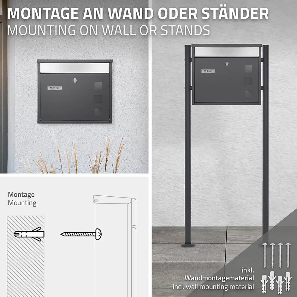Ml-Design Boîte Aux Lettres 1 Porte-Boîte aux lettres murale avec porte-journaux acier inoxydable anthracite moderne