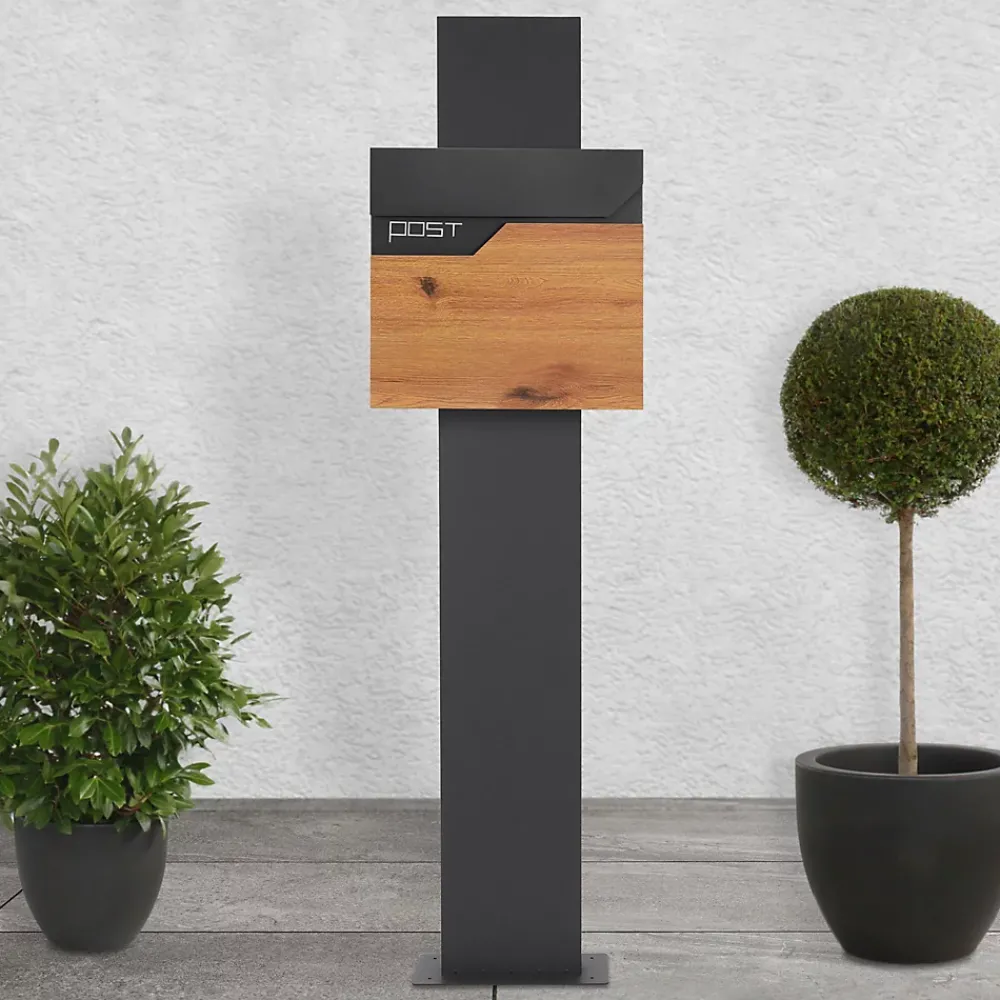 Ml-Design Boîte aux lettres sur pied boîte postale anthracite/aspect bois avec support