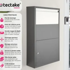 Tectake Boîte à colis Fortress avec clapet de sécurité 44 x 22 x 82 cm