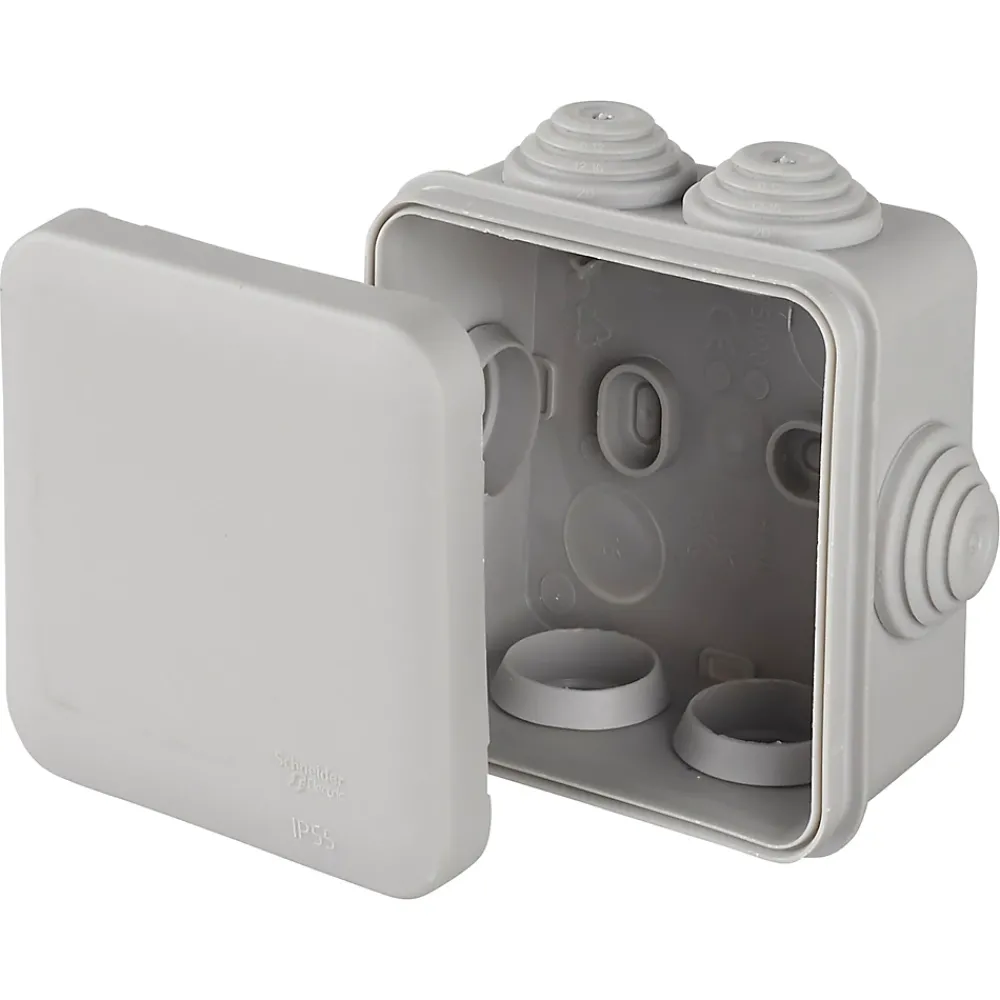 Schneider Electric Boîte De Dérivation-Boîte de dérivation carrée extérieure avec 7 passe-câbles et système de verrouillage 65 x 65 x 45 mm Mureva Box gris