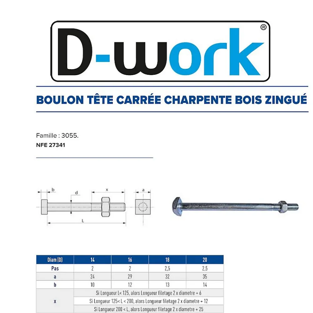 D-Work Boulon-25 Boulons Charpente Bois Tête Carrée 16 x 225 mm - NFE 27341 - Zingué blanc -
