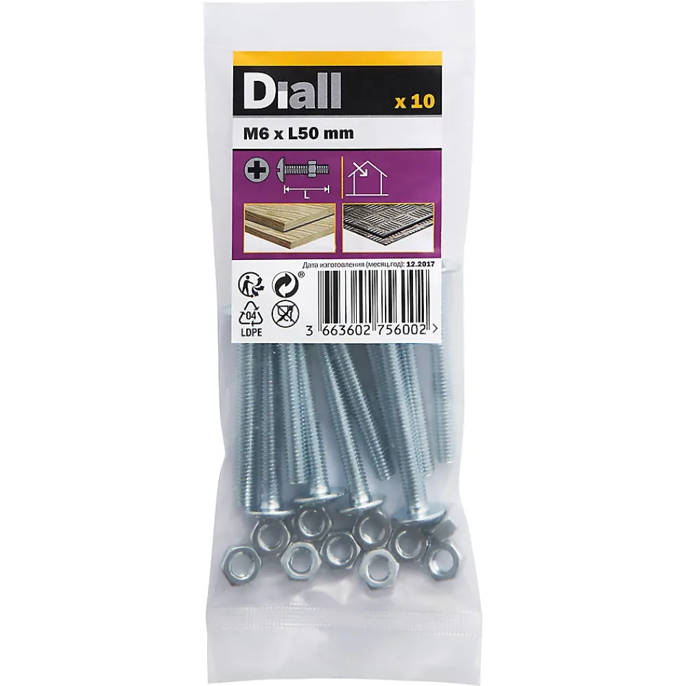 Diall 10 boulons poêlier tête plate 6 x 50 mm