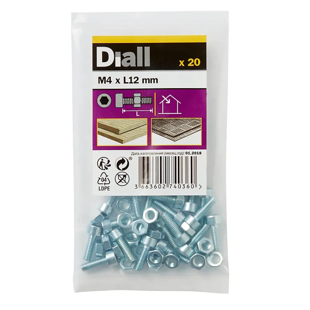 Diall 20 boulons tête cylindrique acier zingué 4 x 12 mm