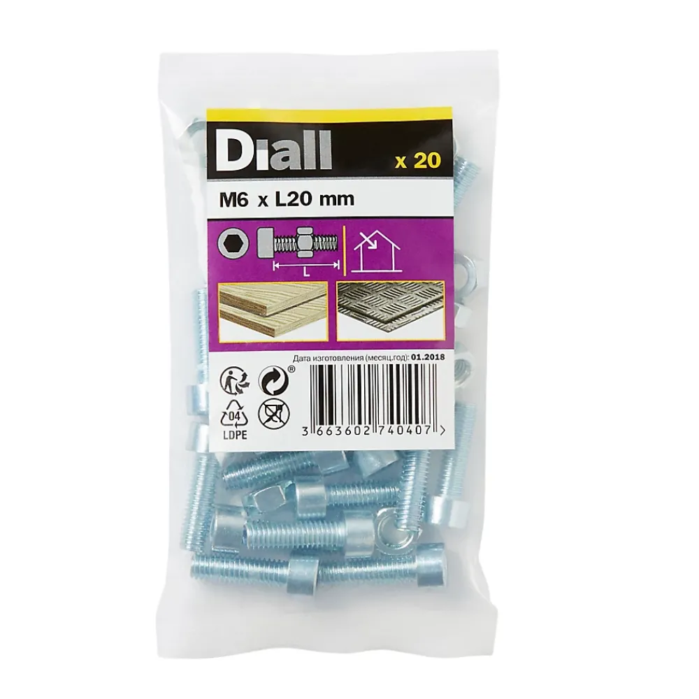 Diall 20 boulons tête cylindrique acier zingué 6 x 20 mm