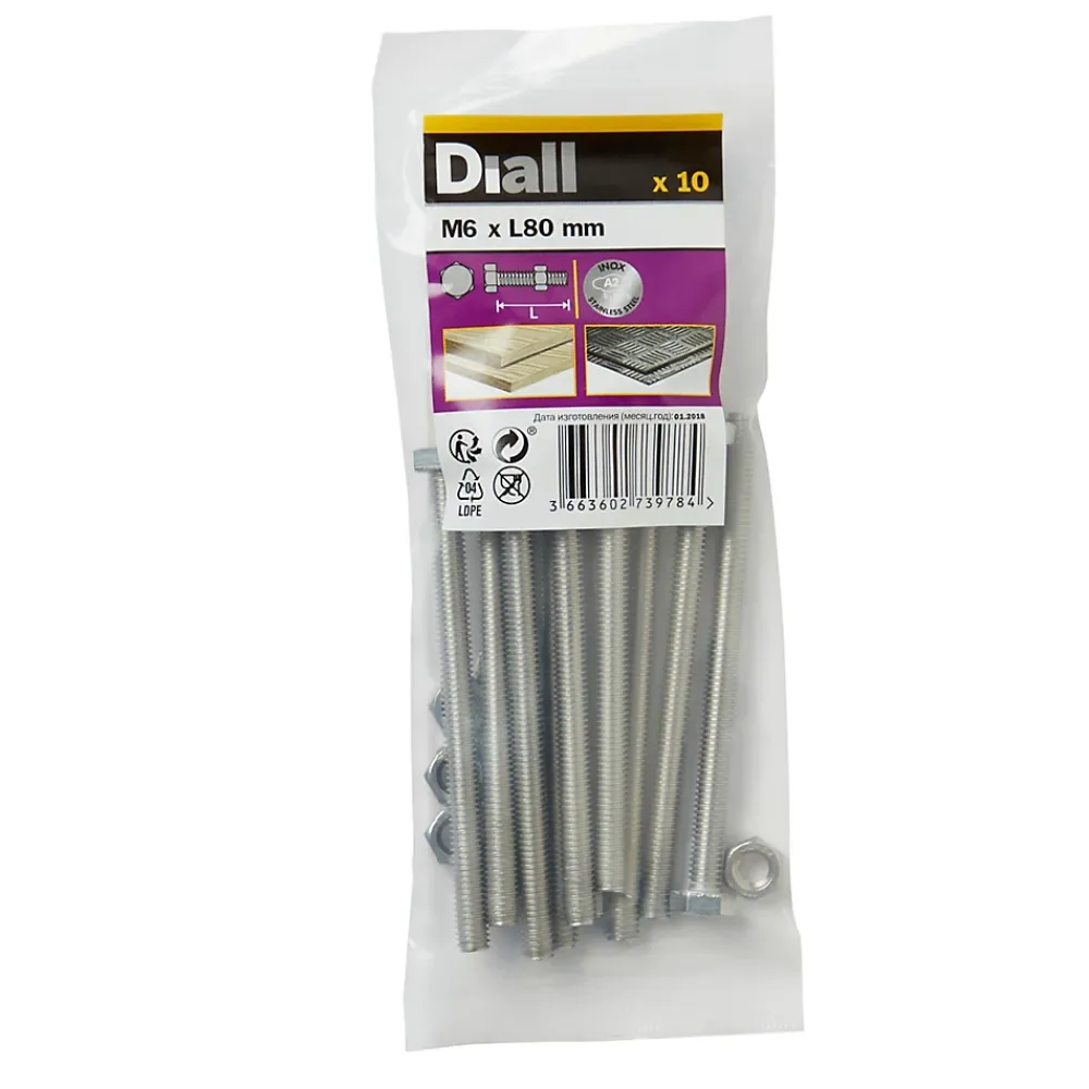 Diall 10 boulons tête héxagonale inox 6 x 80 mm